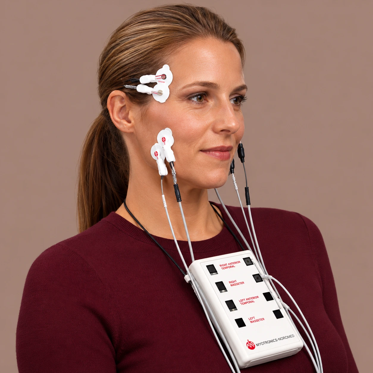Woman wearing EMG sensors on her face and jaw connected to a Myotronics-Noromed clinical monitoring device