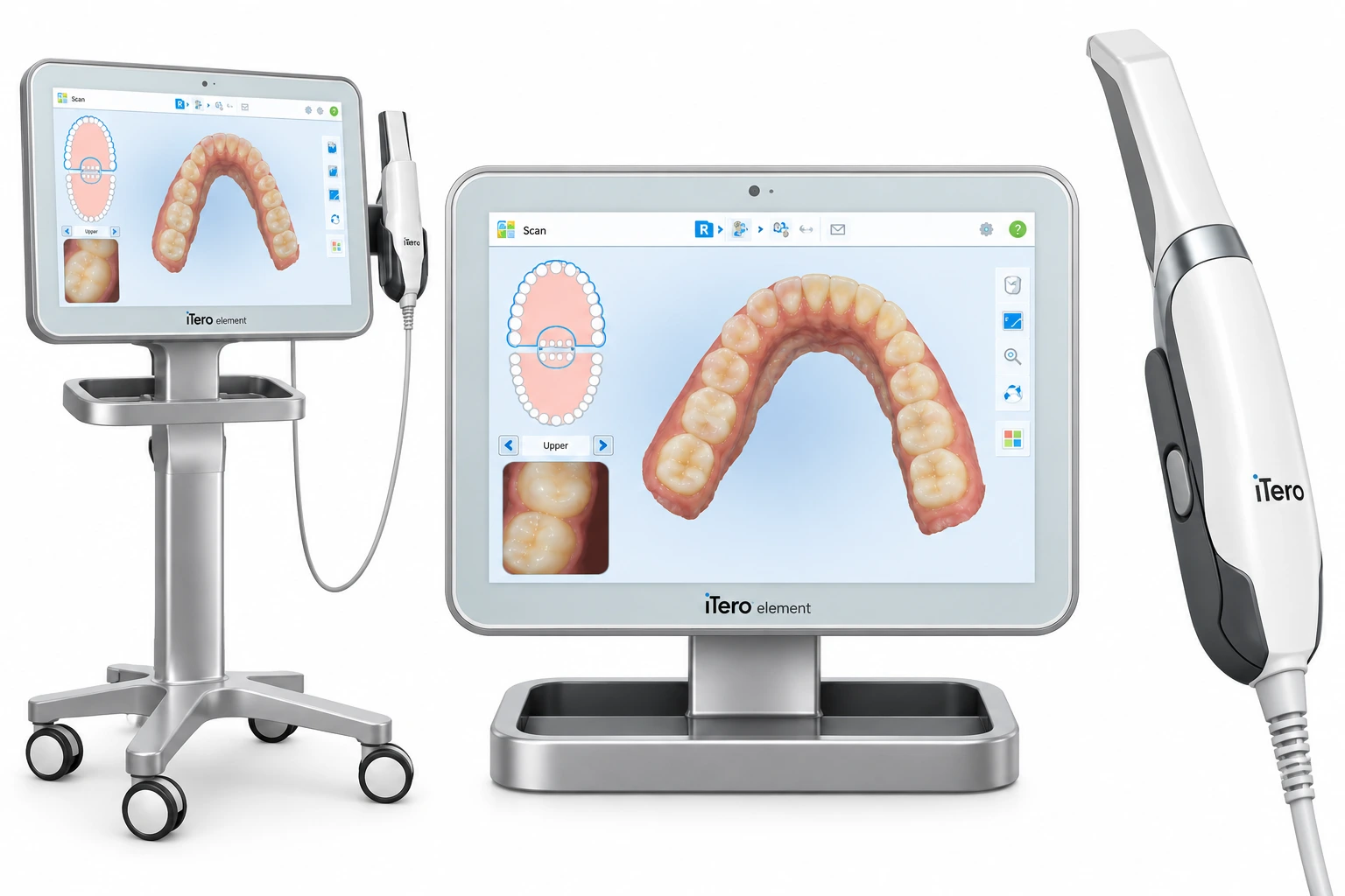 iTero Element intraoral scanner cart, chairside monitor, and handheld wand showing a 3D dental scan