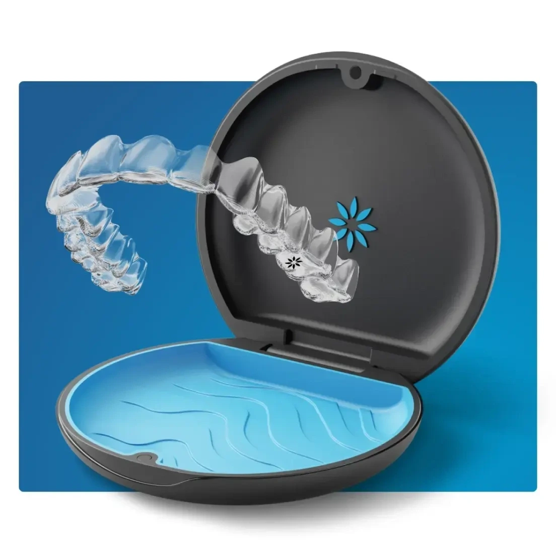 Clear aligners hovering above an open black storage case with blue interior